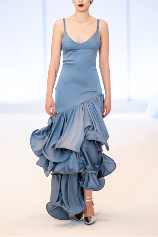 RUB502 - Silky Satin Spiral Denim Blue Dress - Akona