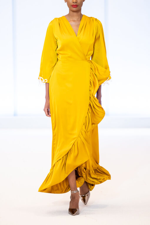 RUB501 - Silky Satin Spiral Kimono Sleeve Yellow Gold Dress - Basetsana